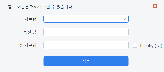 데이터타입 선택 창(자료형 · 옵션 값 · 최종 자료형 · 적용)